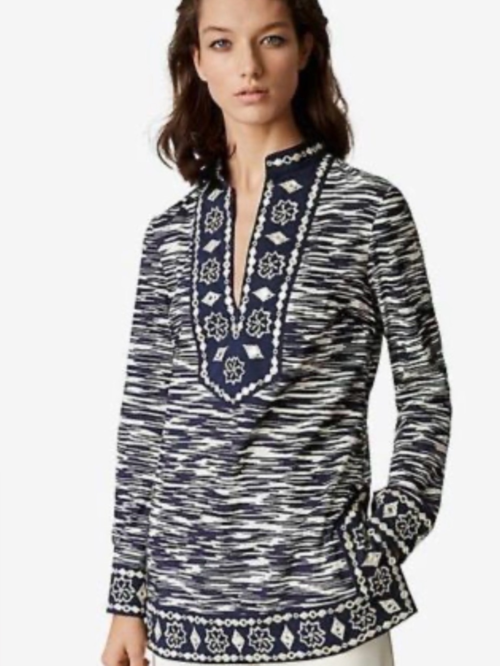 Tory Burch Navy and White Embroidered Tunic Top size 6